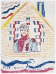 Color drawing of General Edouard de Colberg in the window of a house, created by Hans Ament, a Jewish refugee child living in the children's home in Izieu.