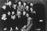 Group portrait of students and teachers of the Jewish (Deutsche Juedische Jugend) school at the Berlin Chaplains' Center.