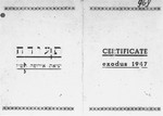 The cover of a DP identity card, issued by the Jewish administration of the Poppendorf displaced persons camp, certifying that Cilia Rudashevsky was an illegal immigrant aboard the Exodus 1947, who was brought back to Germany against her will, and who "is in exile on [her] way back to Eretz-Israel".