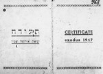The cover of a DP identity card, issued by the Jewish administration of the Poppendorf displaced persons camp, certifying that Rosa Rudashevsky was an illegal immigrant aboard the Exodus 1947, who was brought back to Germany against her will, and who "is in exile on [her] way back to Eretz-Israel".