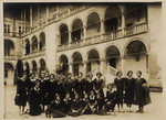 Group portrait of girls from the Hochsztajnowa Gymnasium of Lodz in the courtyard of the Wawel Castle in Krakow where they went on a field trip.