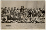 Group portrait of girls in an Orthodox Jewish elementary school in Budapest.