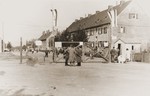 View of the entrance gates to the Finkenschlag displaced persons camp in Fuerth, Germany.