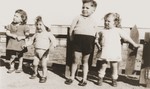 Portrait of four young Jewish children in the Secours Suisse aux enfants nursery in Rivesaltes.