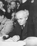David Ben-Gurion, Chairman of the Jewish Agency Executive, on an official visit to the Zeilsheim displaced persons camp.