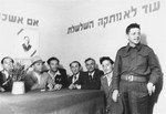 An unidentified man addresses the audience in a Zionist meeting in the Zeilsheim displaced persons' camp.