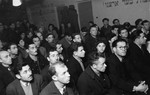 A large crowd gathers for a Zionist political meeting in Zeilsheim displaced person's camp.