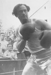 Close-up of a boxer in the ring at a match at the Zeilsheim displaced persons' camp.