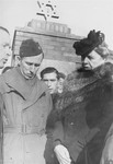 Eleanor Roosevelt visits the memorial to holocaust victims at the Zeilsheim displaced persons' camp during her official tour of the camp.