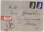 An envelope of a registered letter sent from the Bedzin ghetto by Kaminski Diamant to Alfred Schwartzbaum in Lausanne, Switzerland.