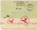 An envelope of a registered letter sent from  Dabrowa  by Bajla Gertner to Alfred Schwartzbaum in Lausanne, Switzerland.
