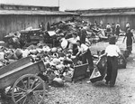 Prisoners in the Aufräumungskommando (order commandos) unload and sort the confiscated property of a transport of Jews from Subcarpathian Rus at a warehouse in Auschwitz-Birkenau.
