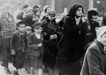 Jewish women and children from Subcarpathian Rus who have been selected for death at Auschwitz-Birkenau, walk toward the gas chambers.