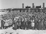 Jewish women from Subcarpathian Rus who have been selected for forced labor at Auschwitz-Birkenau, stand at a roll call in front of the kitchen.