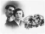 Personalized Jewish New Year's card in Polish and Hebrew with a photograph of a young Jewish couple and an illustration of flowers and birds.