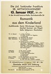 Announcement for a concert by the Jewish Musicians of Frankfurt entitled "Romantic [Music] from the Land of Children" at the Arnold Lazarus hall on the Quinckestrasse.