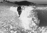 A Jewish conscript, in Company 108/57 of the Hungarian Labor Service, at forced labor constructing a barricade to prevent snow from drifting onto a road.