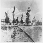 View of train tracks leading to the gate of the destroyed Jasenovac concentration camp.