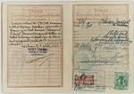 A page of a passport with stamped French, Portuguese and Spanish visas issued to Raya Markon, a Jewish emigre from Vilna, and her son, Alain.