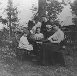 Members of the Michaelevsky family play chess outside in the yard of their home in Petrograd, Russia.