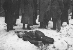 Members of the Commission for the Investigation of Nazi and Arrow Cross Atrocities examine the body of a Jewish man killed in the Budapest ghetto.