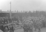 American soldiers view the bodies of Ohrdruf prisoners who were killed during the evacuation of the concentration camp.