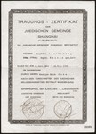 The German (language) marriage certificate issued to Siegfried and Regina Leib Jacobsberg by the Jewish community [Juedische Gemeinde] of Shanghai on their wedding day.