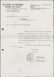 A letter sent to Walter Jacobsberg by the German interior ministry, informing him that his application for admittance to a school of pharmacology has been rejected, due to his "non-Aryan" status.