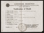 Regina Leib Jacobsberg's death notice, issued by the Jewish community [Juedische Gemeinde] of Shanghai.