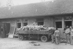 Liberated prisoners pile corpses onto a cart in Dachau.