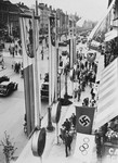 The streets of Berlin decorated with Olympic and Nazi flags during the Olympic games.