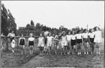 Youngs girls of a Maccabi youth pose on a field. 

Among those pictured is the donor Maud Michal Stecklmacher (now Beer).