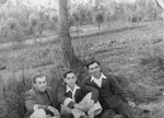 Three young Jewish men wearing armbands with a Jewish star sit in the grass under a tree in the Kozienice ghetto.