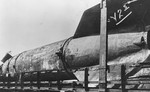 View of a V-2 missile manufactured with the use of slave labor at Dora-Mittelbau.