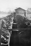 Prisoners from the Sixth Labor Battalion work on the latrine plumbing system at a Slovak labor camp.