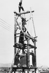 Prisoners from the Sixth Labor Battalion construct a guard tower at a Slovak labor camp.