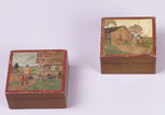 Lacquered wooden boxes with carved and handpainted folk scenes which the Sondheimer family kept as souvenirs of Lithuania.