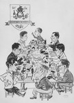 Caricature of Jewish Council workers seated around a dinner table in the Westerbork transit camp.