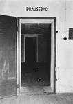 View of the door to the gas chamber in the Dachau concentration camp.