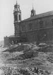 View of All Saints Church amid the ruins of the destroyed Warsaw ghetto.