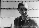 Postwar portrait of Aleksander Kulisiewiecz, Polish composer and concentration camp survivor, standing behind a barbed wire fence.
