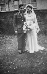 Wedding portrait of an American-Jewish serviceman and a Jewish refugee who came to England on a Kindertransport from Czechoslovkia.