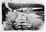 An American soldier walks past corpses laid out fin a sportsfield or burial in a mass grave.