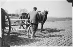 A man seen from the back ploughs a field in the Gross Breesen vocational center.
