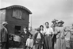 A group of Romani men and boys stands by their caravan.