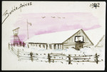 A new year's card decorated with an illustration of a baracks, guard tower and fence sent by a prisoner in the Beaune-la-Rolande internment camp.
