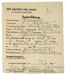 Registration card issued by the Jewish Council in the Lodz ghetto to Eliezer Grynfeld.