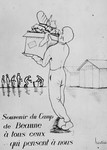 A card decorated with an illustration of a prisoner carrying a box of belongings in the Beaune-la-Rolande internment camp.