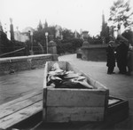 A corpse lies in an open coffin awaiting burial in the Warsaw ghetto cemetery.