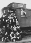 A group of Jewish youth from the Bergen-Belsen DP camp board a train for the coast on the first leg of their journey to Palestine.